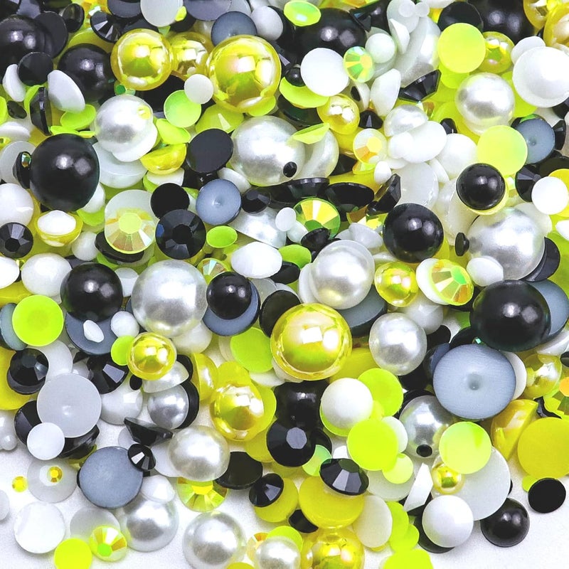Briskbloom 60g Mix Pearls and Rhinestones for Crafts, 3620PCS 2mm-10mm Flatback for Nails Face Art Tumblers, Jelly and Half Pearls, Yellow|Black|White - Image 1